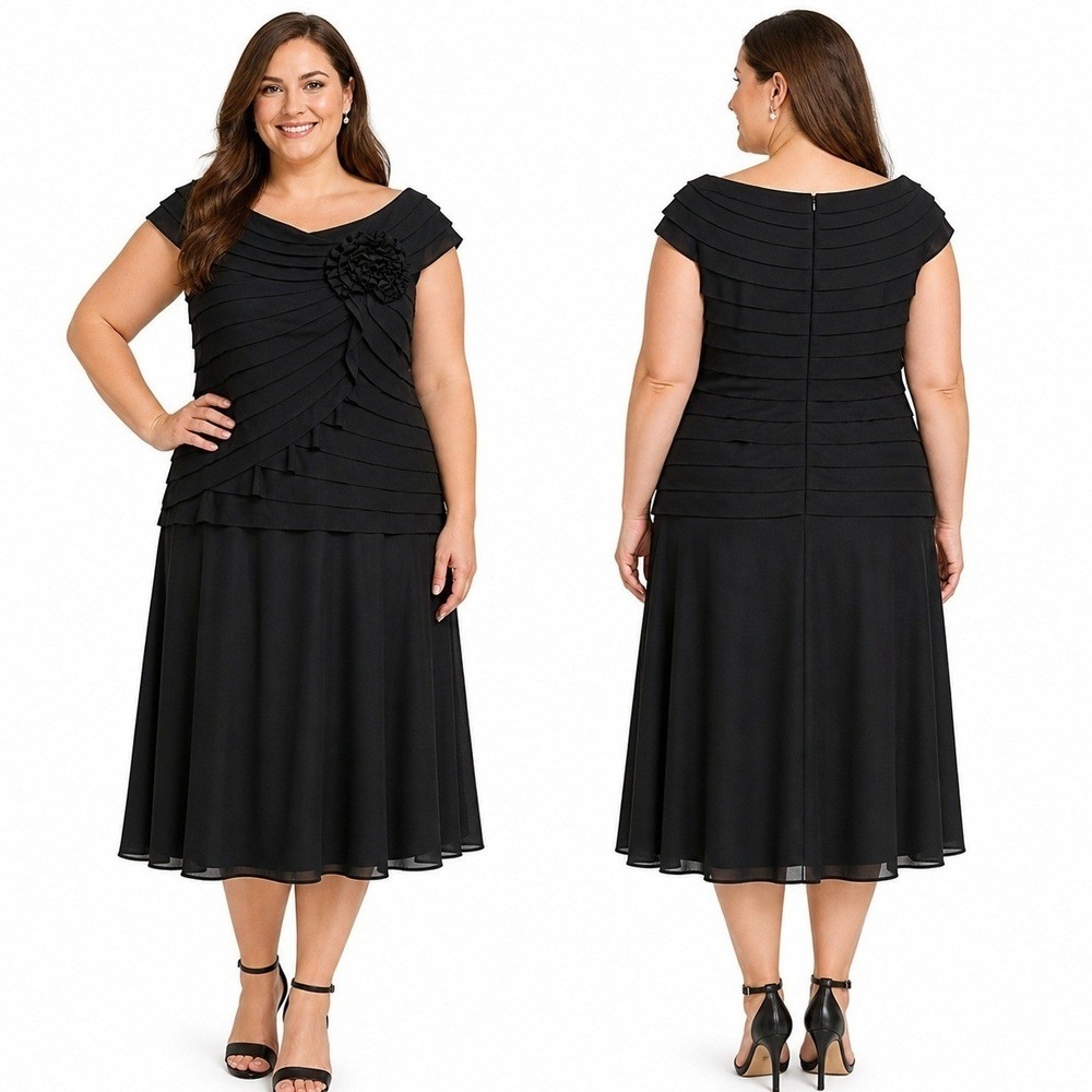 Jessica‎ Howard Dress Womans 22 Black Tiered Rosette Neck Formal Cocktail NWT